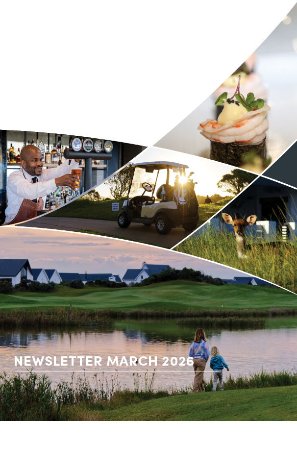 A newsletter for March 2020 features a golf course, a bar, and a restaurant. AI generated content