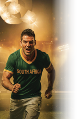 South African rugby player action shot from waist up. See reference.