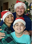 A man, woman, and child pose for a photo in front of a Christmas tree. AI generated content