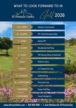 A calendar for St. Francis Links Golf Club shows the dates for various golf tournaments and events. AI generated content