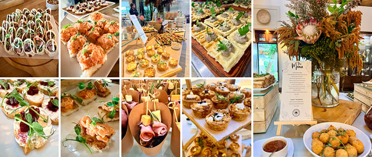 A collage of food images, including various desserts and appetizers, displayed on a table. AI generated content