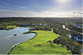 A green golf course with a large pond and a few houses in the background. AI generated content
