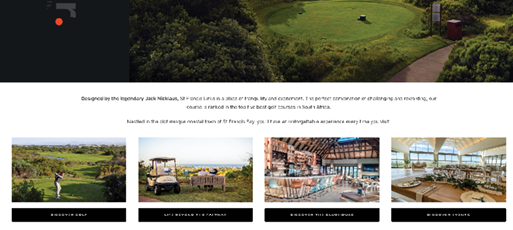 A website page with a photo of a golf course, a hotel, and a restaurant. AI generated content