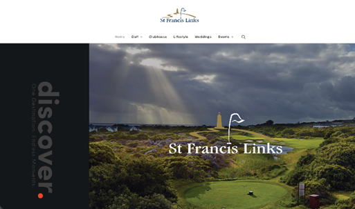 A website for St. Francis Links golf course with a picture of a lighthouse and a sun shining through the clouds. AI generated content