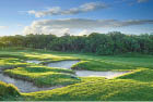 A green golf course with a sandy area and a hole. AI generated content